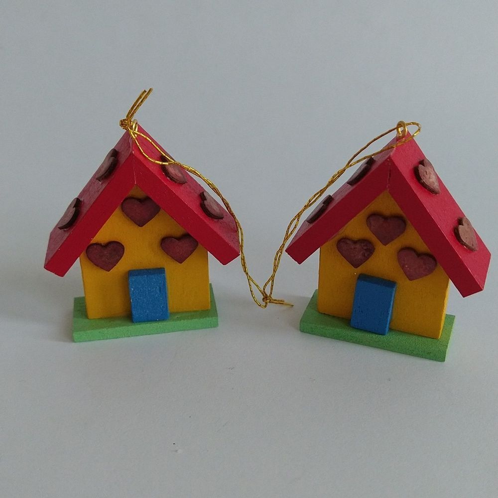 Vintage Wood House Chalet Hearts Christmas Ornaments Lot of 2 Ulbricht